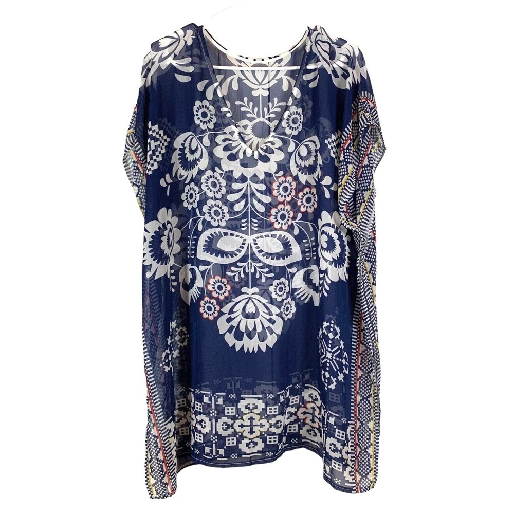 Sheer Tunic Coverup with Side Slits Pullover Blue and White Floral Print